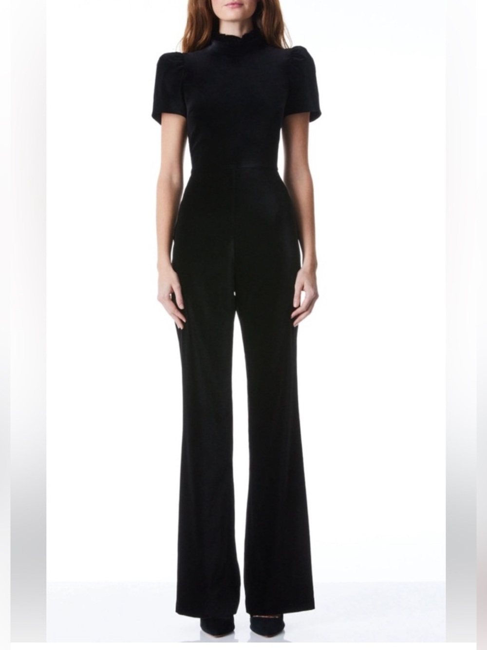 Alice and Olivia Jorah Velour Wide Leg Jumpsuit Black Mock Neck Puff Sleeve Sz 4